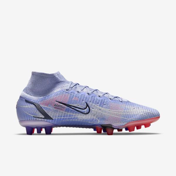 Men's Nike Mercurial Superfly 8 Elite KM AG Artificial-Grass Football Shoes Indigo / Light Red / Metal Silver | NK074MOC