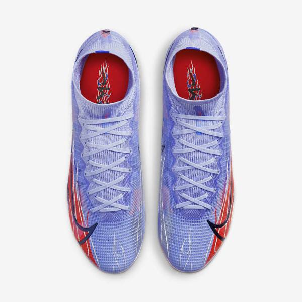 Men's Nike Mercurial Superfly 8 Elite KM FG Firm-Ground Football Shoes Indigo / Light Red / Metal Silver | NK843EKW