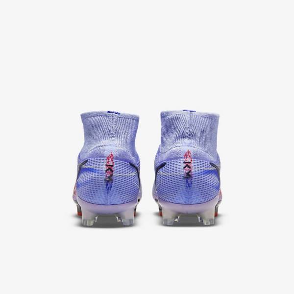 Men's Nike Mercurial Superfly 8 Elite KM FG Firm-Ground Football Shoes Indigo / Light Red / Metal Silver | NK843EKW