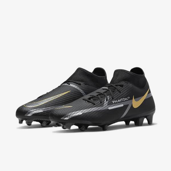 Men's Nike Phantom GT2 Academy Dynamic Fit MG Multi-Ground Football Shoes Black / Metal Gold / Dark Grey / Metal Dark Grey | NK381RHG