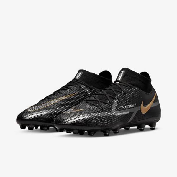 Men's Nike Phantom GT2 Dynamic Fit Elite AG-Pro Artificial-Grass Football Shoes Black / Metal Gold / Metal Silver / Metal Dark Grey | NK476KAH