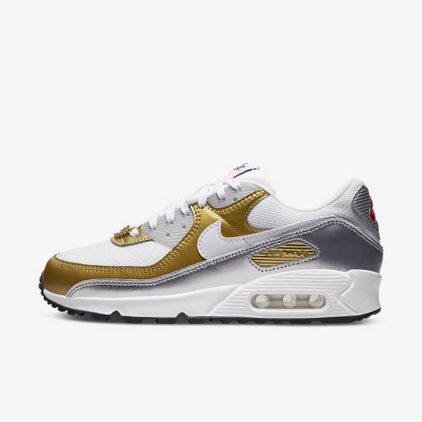 Women\'s Nike Air Max 90 SE Sneakers White / Metal Gold / Metal Silver / White | NK750MKS