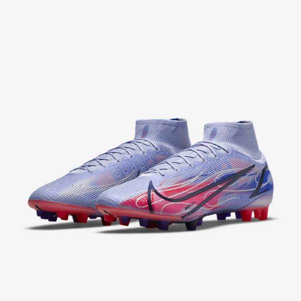 Women's Nike Mercurial Superfly 8 Elite KM AG Artificial-Grass Football Shoes Indigo / Light Red / Metal Silver | NK281BKZ