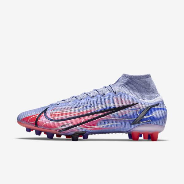 Women\'s Nike Mercurial Superfly 8 Elite KM AG Artificial-Grass Football Shoes Indigo / Light Red / Metal Silver | NK281BKZ