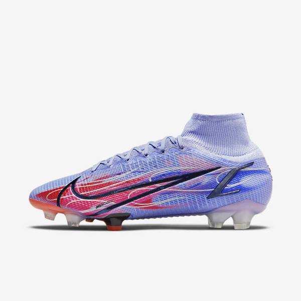 Women\'s Nike Mercurial Superfly 8 Elite KM FG Firm-Ground Football Shoes Indigo / Light Red / Metal Silver | NK312WBV