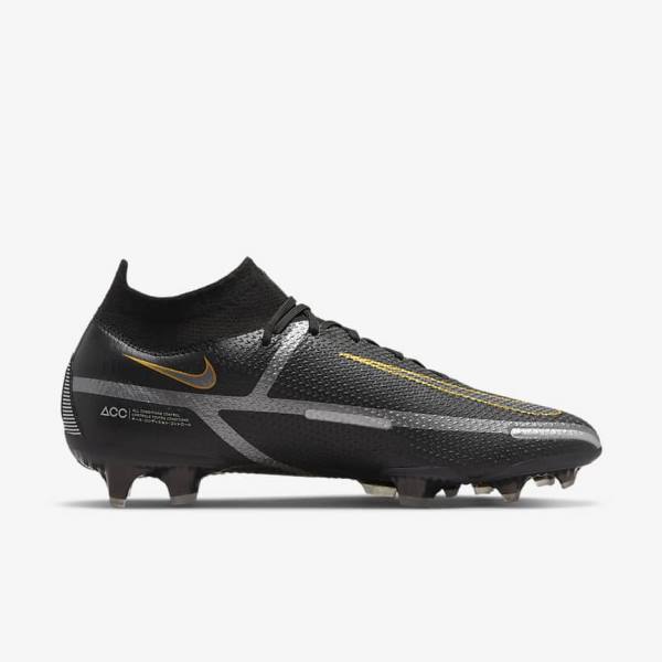 Women's Nike Phantom GT2 Dynamic Fit Elite FG Firm-Ground Football Shoes Black / Metal Gold / Metal Silver / Metal Dark Grey | NK492FYS