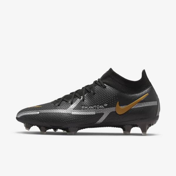 Women\'s Nike Phantom GT2 Dynamic Fit Elite FG Firm-Ground Football Shoes Black / Metal Gold / Metal Silver / Metal Dark Grey | NK492FYS