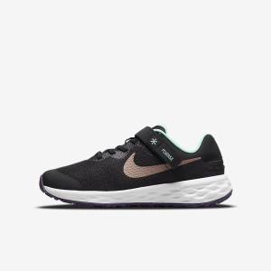 Kids' Nike Revolution 6 FlyEase Older Easy On-Off Road Running Shoes Black / Mint / Purple / Metal Red Brown | NK624UWF