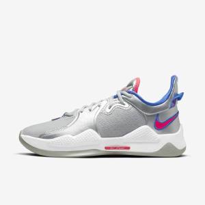 Men's Nike PG 5 Basketball Shoes Metal Silver / Royal / Red | NK192FWL